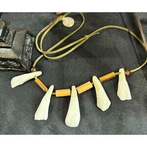 Artisan Buffalo Teeth Mens Necklace African Wood Beads Green Leather Cord